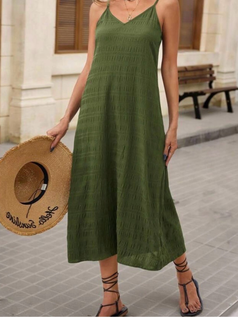 SHEIN Olive Green V-Neck Spaghetti Strap Midi Dress